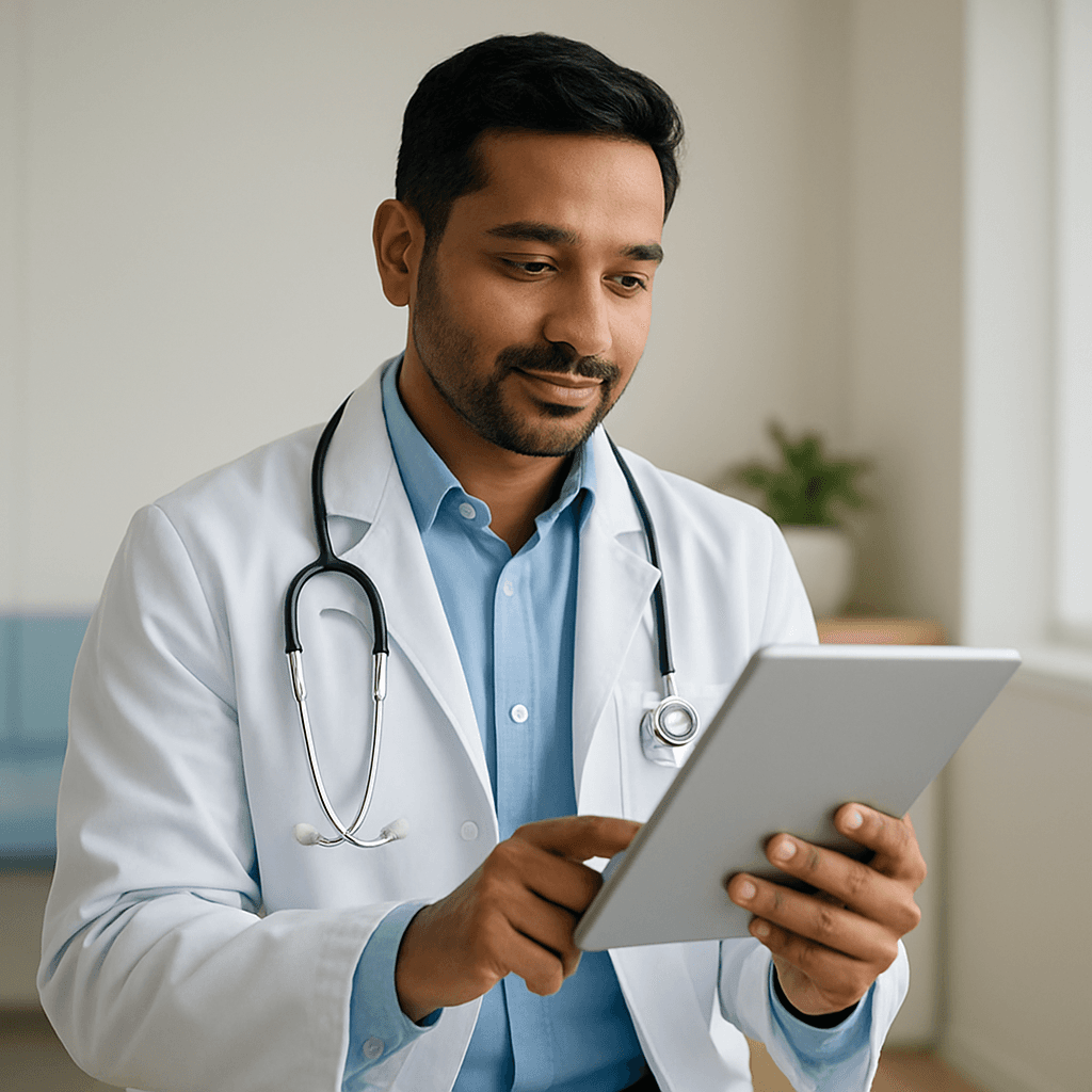 An assigned GP doctor reviewing a parent's health records on a tablet