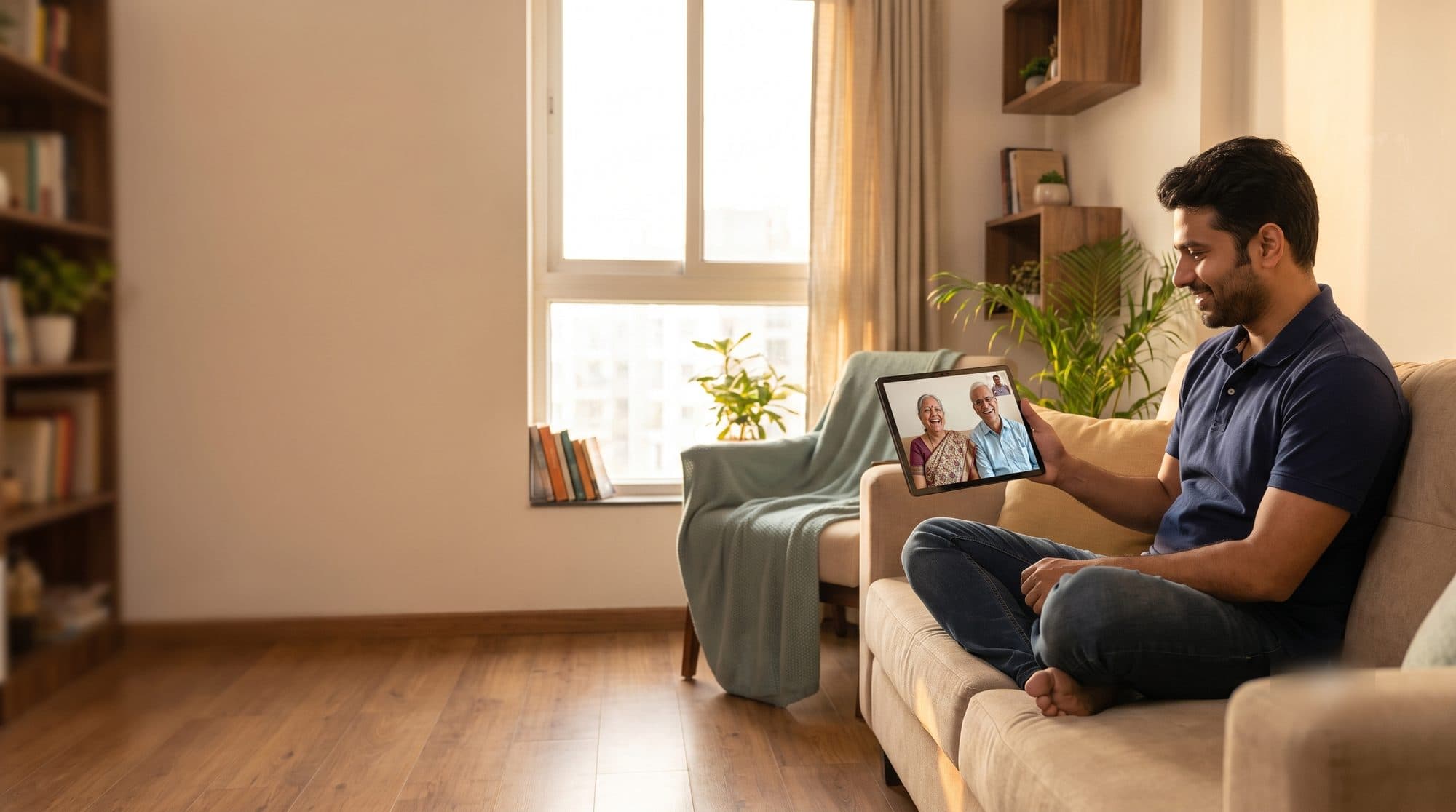 An adult son video-calling his parents from his living room